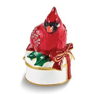 Luxury Pewter Bejeweled Crystals Enameled Red Cardinal w White round Trinket box